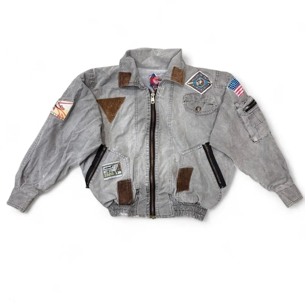 Vintage 90s Peter Kolmar Aviator Patch Bomber Jacket Size 10 Kids Retro